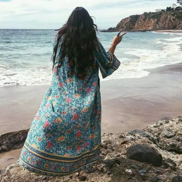 Boho Turquoise Floral Kimono Duster Long Robe - Picture 9 of 9